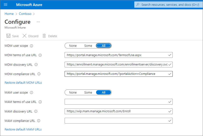 Captura de pantalla de la configuración del ámbito de usuario MDM y el ámbito de usuario MAM en Intune.