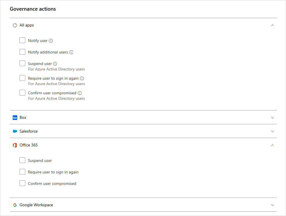 Defender for Cloud Apps acciones de gobernanza de directivas de actividad.