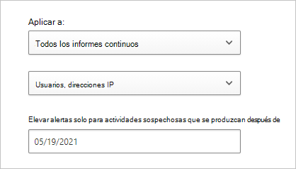 Captura de pantalla que muestra cómo configurar filtros de uso de aplicaciones y la fecha de inicio para generar alertas de uso.