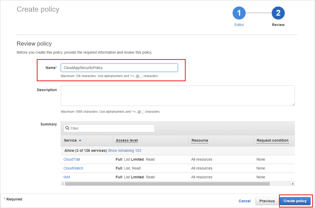 Proporcione el nombre de la directiva de AWS.