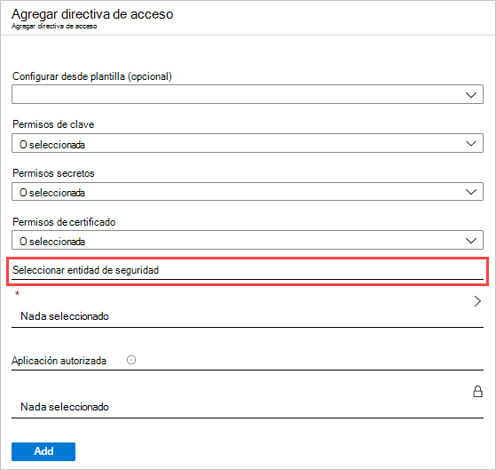 Captura de pantalla que muestra la página Agregar directiva de acceso.