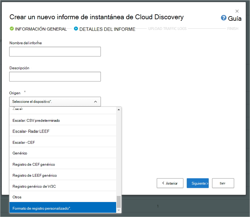 Captura de pantalla del cuadro de diálogo Crear nuevo informe de instantáneas de detección de nube.