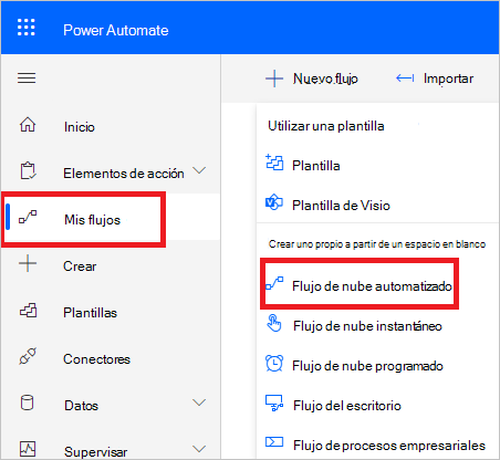 Power Automate crea un flujo nuevo.