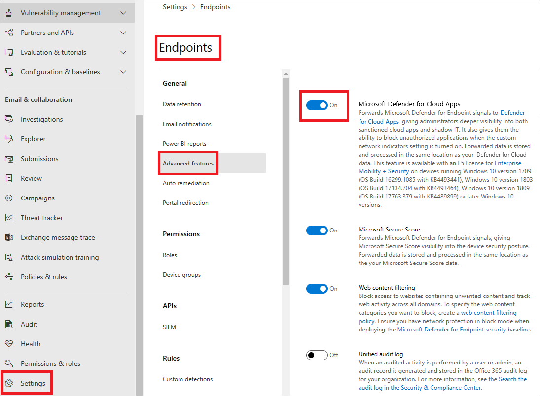 Captura de pantalla de la configuración de Defender for Endpoint.