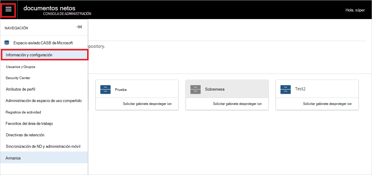 Acceda a la sección de información y configuración de NetDocuments.