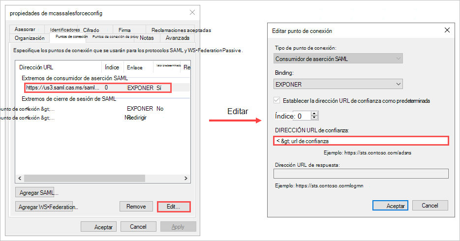 Actualice las propiedades de punto de conexión de confianza de confianza Url de confianza.