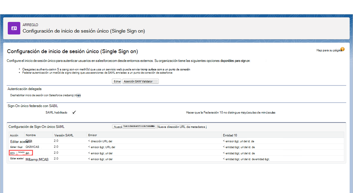 Seleccione Configuración del inicio de sesión único de Salesforce.