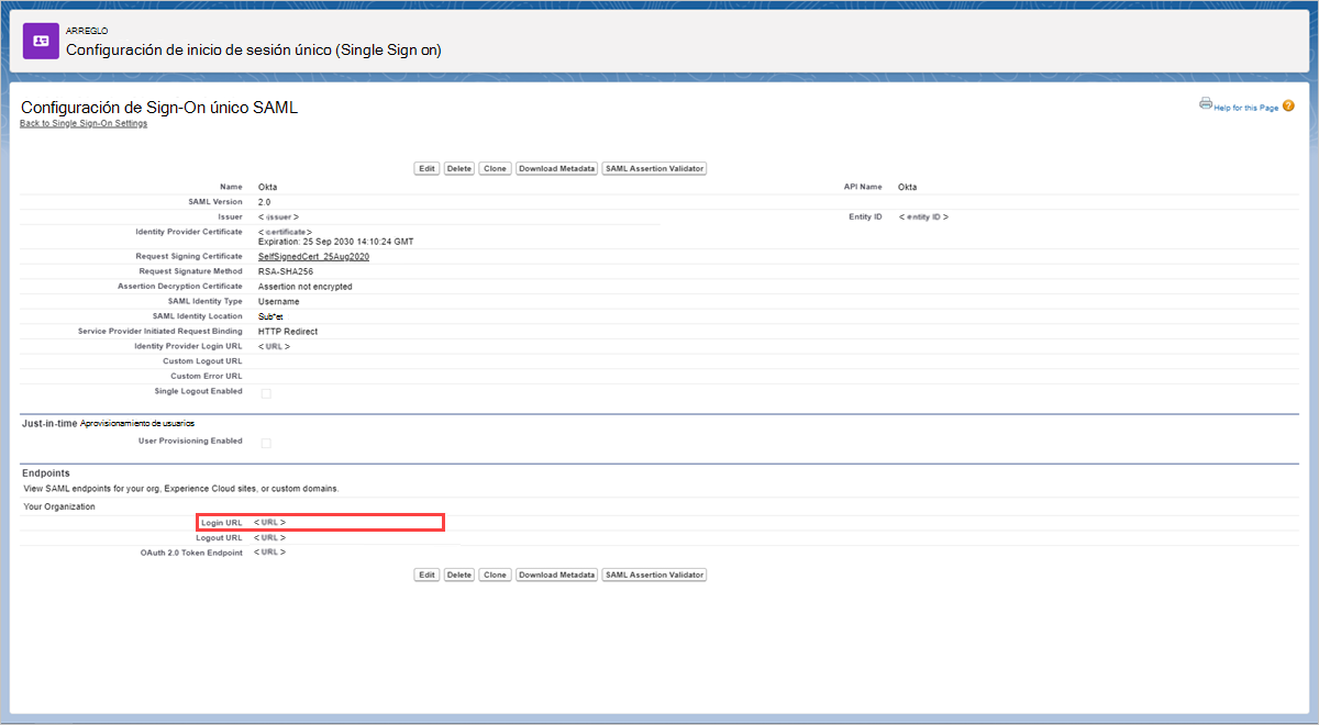 Seleccione Dirección URL de inicio de sesión de SSO de Salesforce.