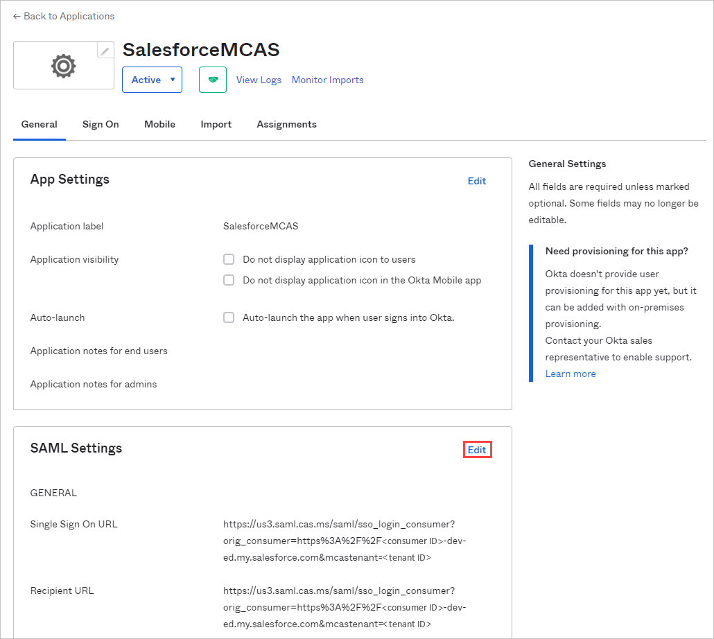 Busque y edite la configuración de SAML.