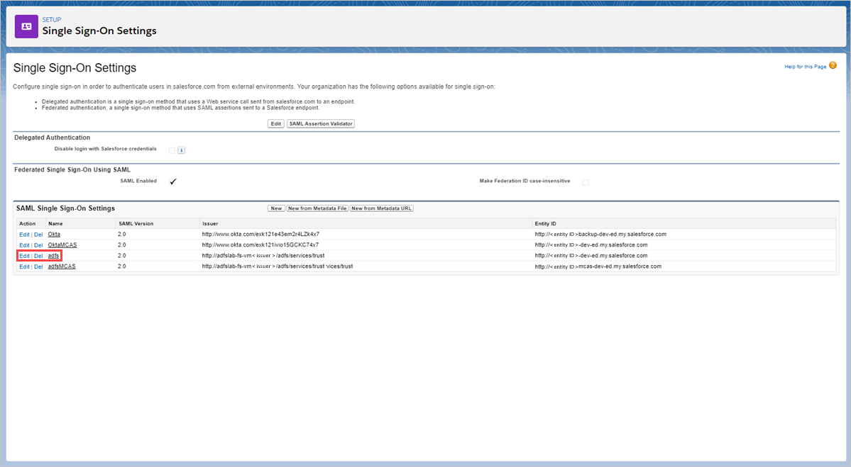 Seleccione Configuración del inicio de sesión único de Salesforce.