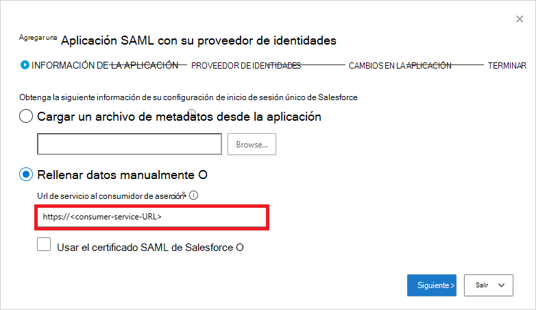 Rellene manualmente la información de Salesforce SAML.