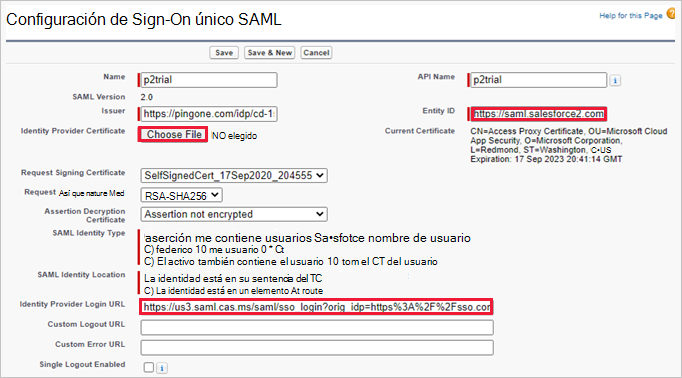 Actualice la aplicación salesforce personalizada con Defender for Cloud Apps detalles de SAML.