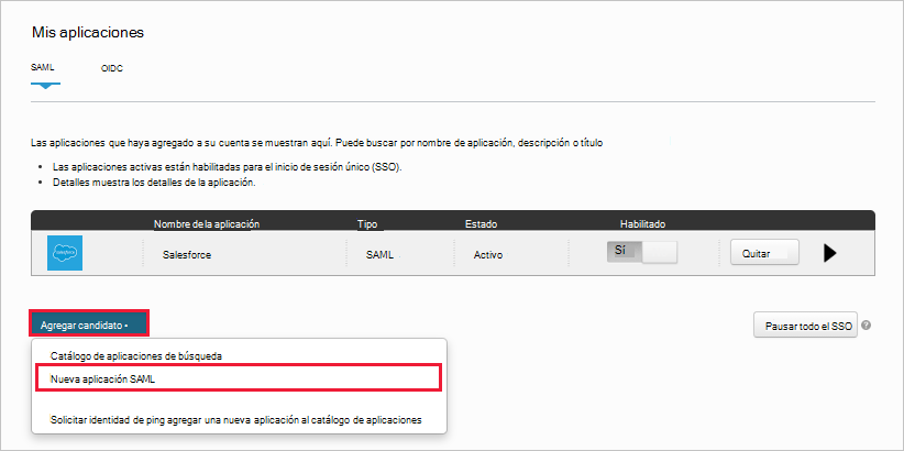 En PingOne, cree una nueva aplicación de Salesforce personalizada.