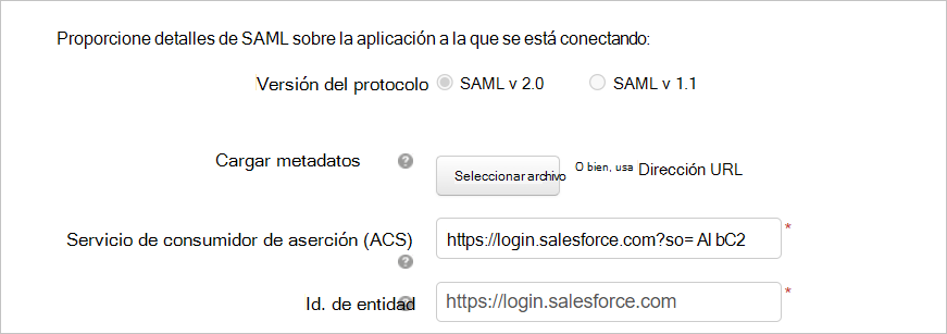 Configure la aplicación personalizada con los detalles de Salesforce SAML.