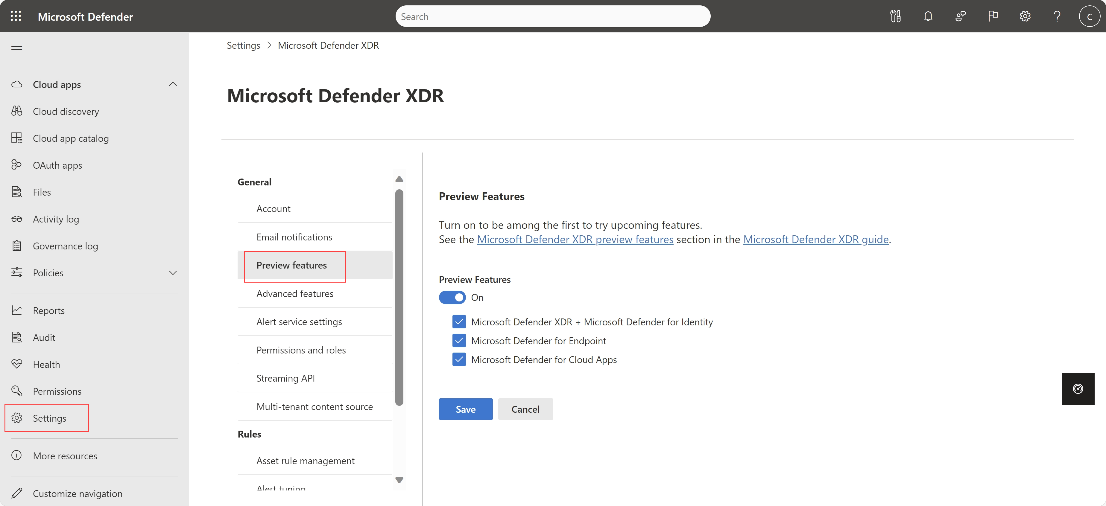 Captura de pantalla de la página de configuración de características de Microsoft Defender XDR Versión preliminar.