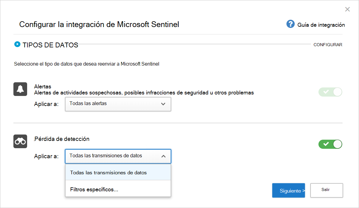 Captura de pantalla que muestra la página de inicio de Configuración de la integración Microsoft Sentinel.