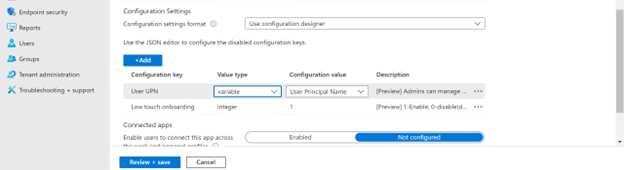 Captura de pantalla que muestra una directiva de configuración de incorporación táctil baja.