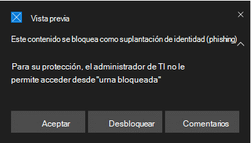 Muestra una notificación de advertencia de contenido de phishing de protección de red.