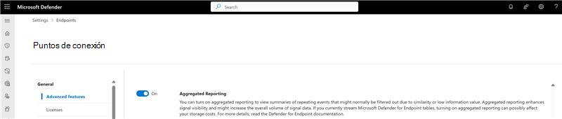 Captura de pantalla del botón de alternancia de informes agregados en la página de configuración del portal de Microsoft Defender.