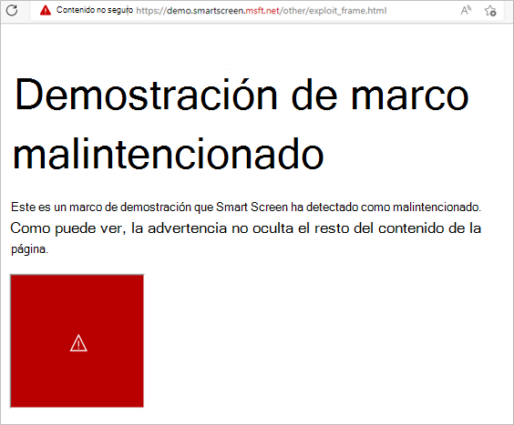 Una demostración de cómo SmartScreen responde a un marco de una página que se detecta como malintencionado. Solo se bloquea el marco malintencionado