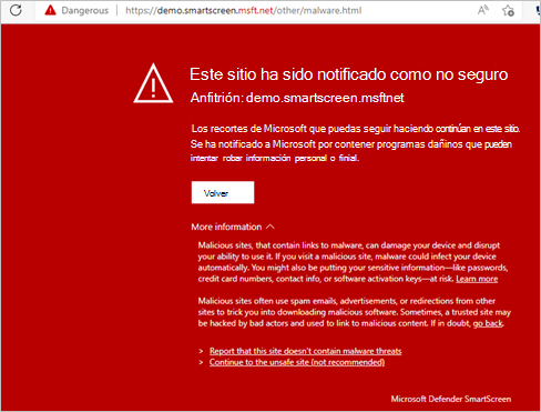 SmartScreen alerta al usuario de que el sitio es conocido para contener programas dañinos