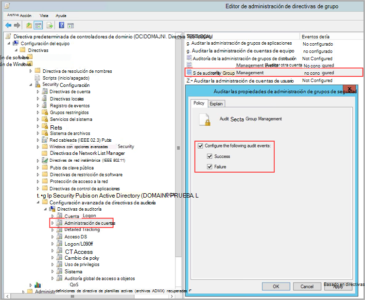 Screenshot of the Audit Security Group Management Properties dialog.