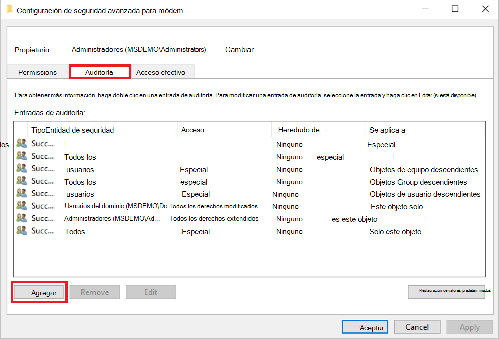 Screenshot of the Auditing tab in the Advanced Security Settings dialog.