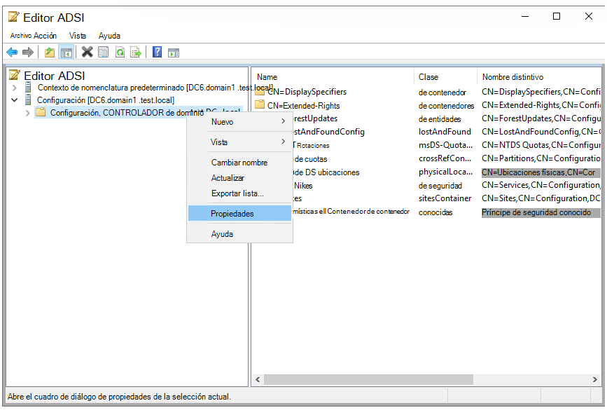 Captura de pantalla de las selecciones para abrir las propiedades del nodo Configuración de CN.