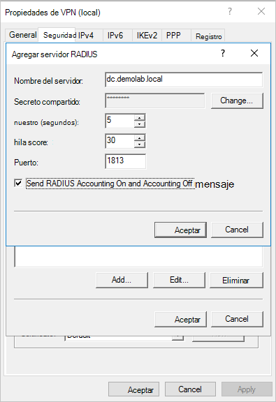 Screenshot of the Send RADIUS Account On and Accounting Off messages button.