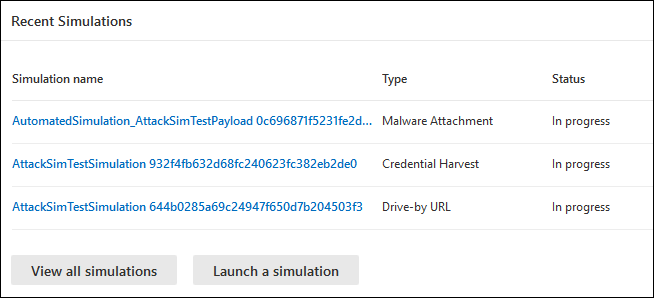 La tarjeta Simulaciones recientes de la pestaña Información general de Entrenamiento de simulación de ataque en el portal de Microsoft Defender.