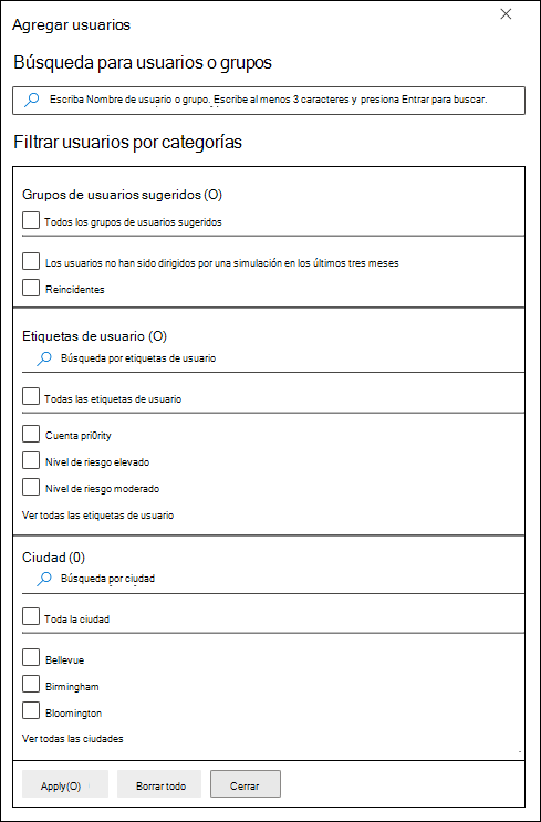 Filtrado de usuarios en la página Usuarios de destino de Entrenamiento de simulación de ataque en el portal de Microsoft Defender