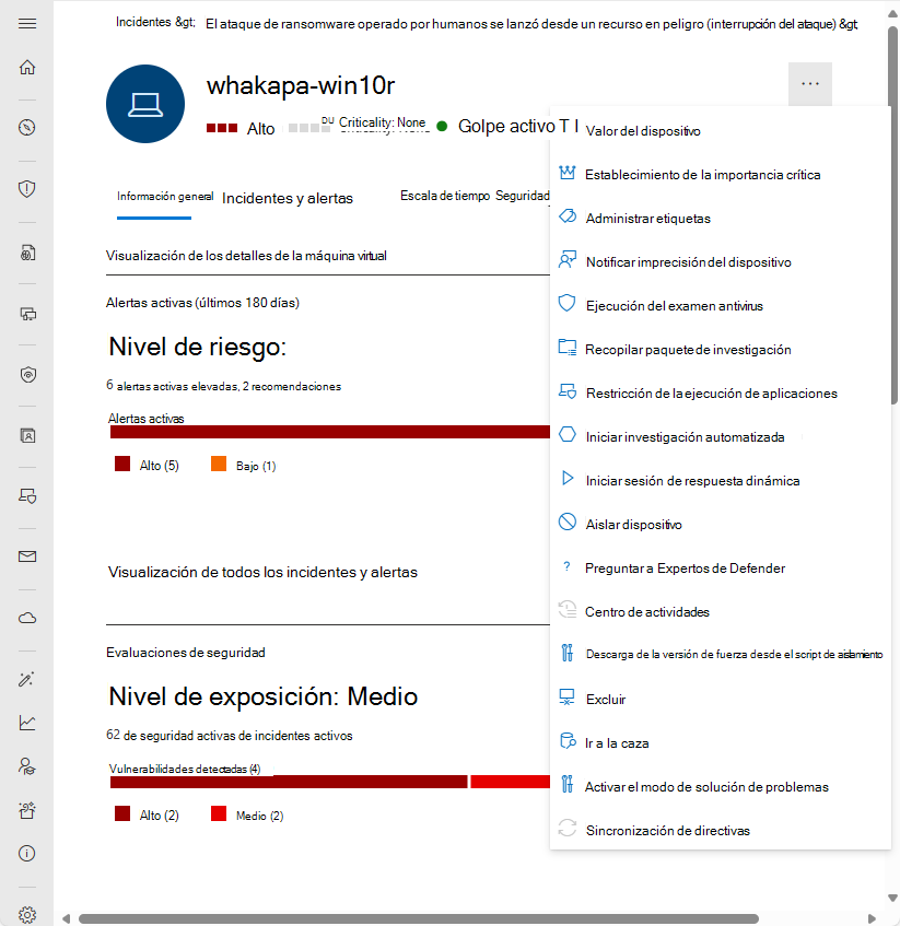 Captura de pantalla de la barra de acciones de la página de entidad del dispositivo en el portal de Microsoft Defender.