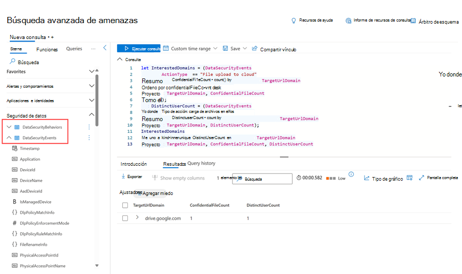 Página de búsqueda avanzada que muestra una consulta con las tablas relacionadas con los comportamientos y eventos de riesgo internos.