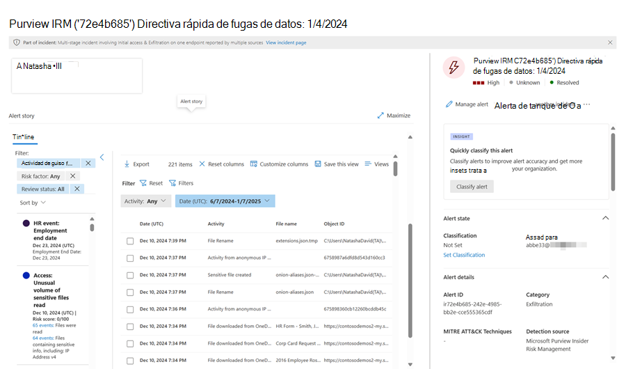 Ejemplo de alertas de riesgo interno de Administración de riesgos internos de Microsoft Purview.