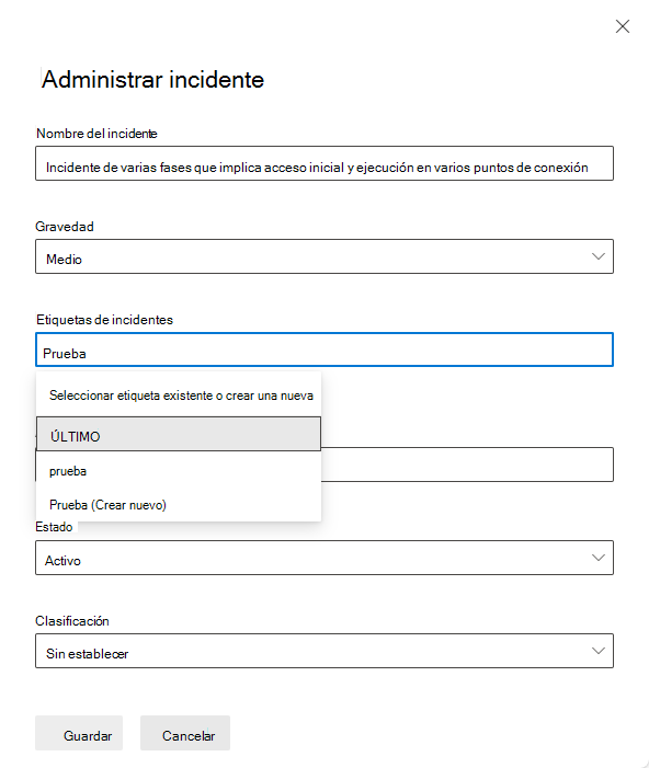 Captura de pantalla que muestra cómo crear una etiqueta de incidente en el panel Administrar incidentes.