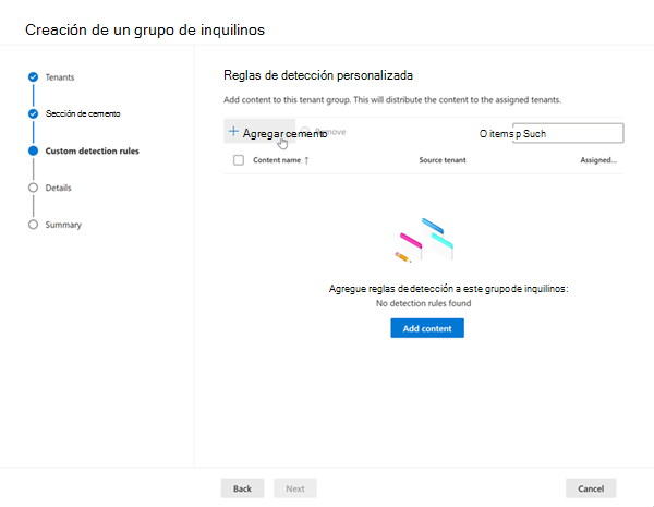 Captura de pantalla del asistente para agregar reglas de detección personalizadas.