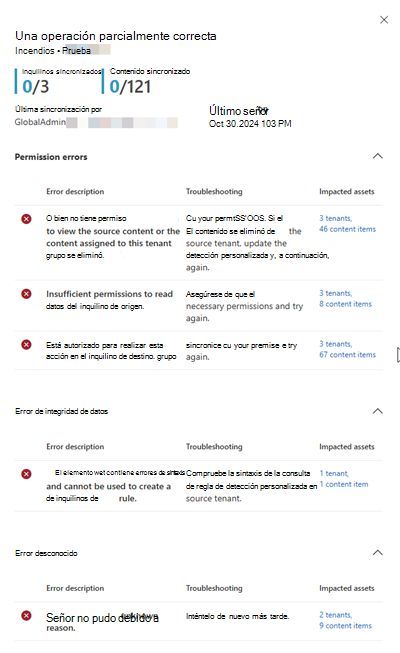 Captura de pantalla del panel lateral de resultados de sincronización.