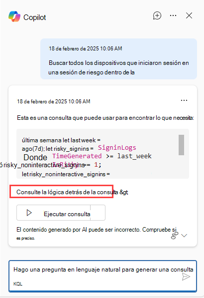 Captura de pantalla del botón Copilot que muestra Ver la lógica detrás de la consulta.