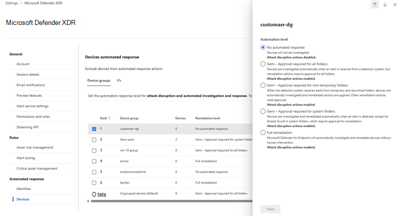 Panel flotante al configurar niveles de automatización para un grupo de dispositivos