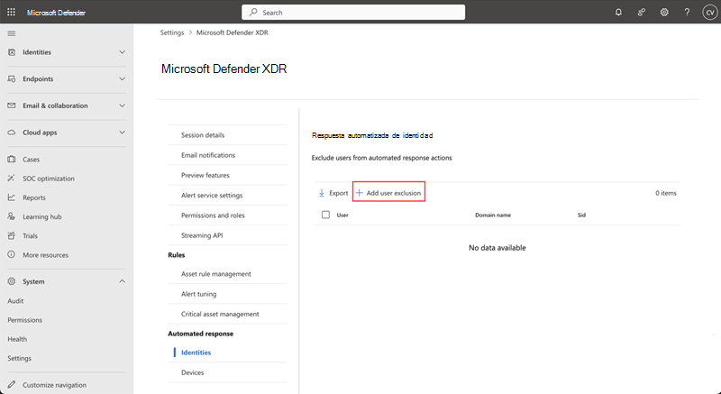 Página Identidades en la configuración de respuesta automatizada para la interrupción de ataques