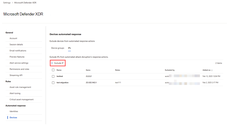 Pestaña Direcciones IP en la configuración de respuesta automatizada para la interrupción de ataques