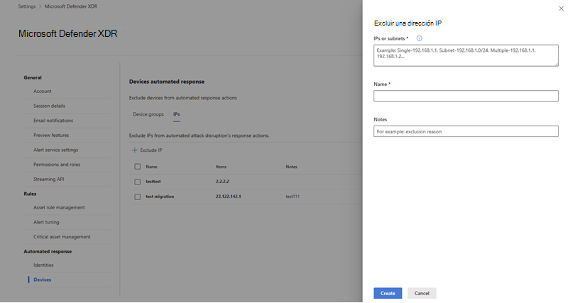 Panel flotante al agregar direcciones IP para excluir en la configuración de respuesta automatizada para la interrupción de ataques