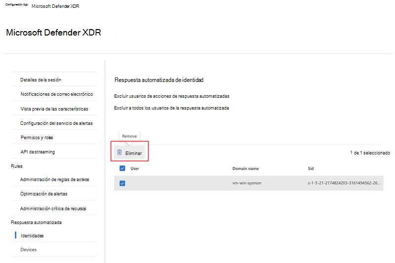 Resaltado de la opción de eliminación al quitar un usuario excluido en la página Identidades de la configuración de automatización de interrupciones de ataque