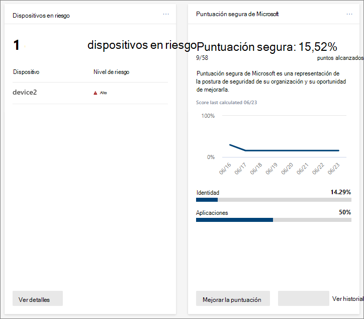 Captura de pantalla de las tarjetas en el portal de Microsoft Defender