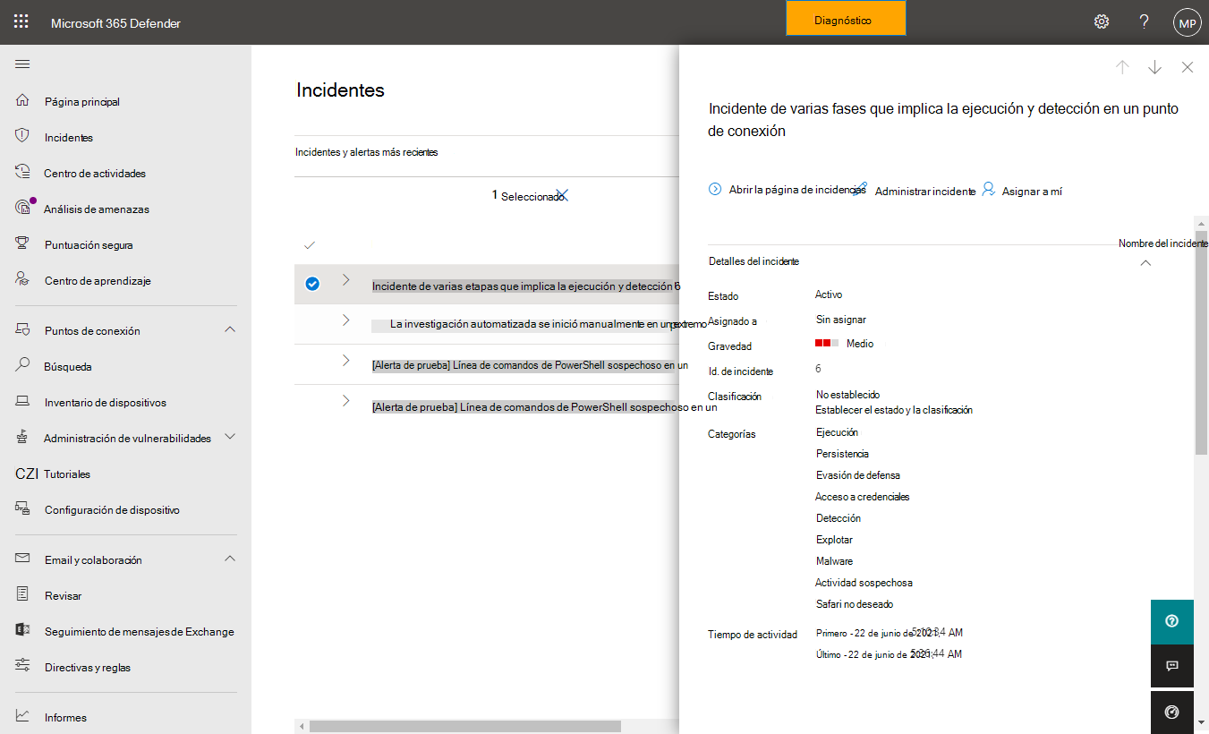 Captura de pantalla del incidente seleccionado con el control flotante abierto