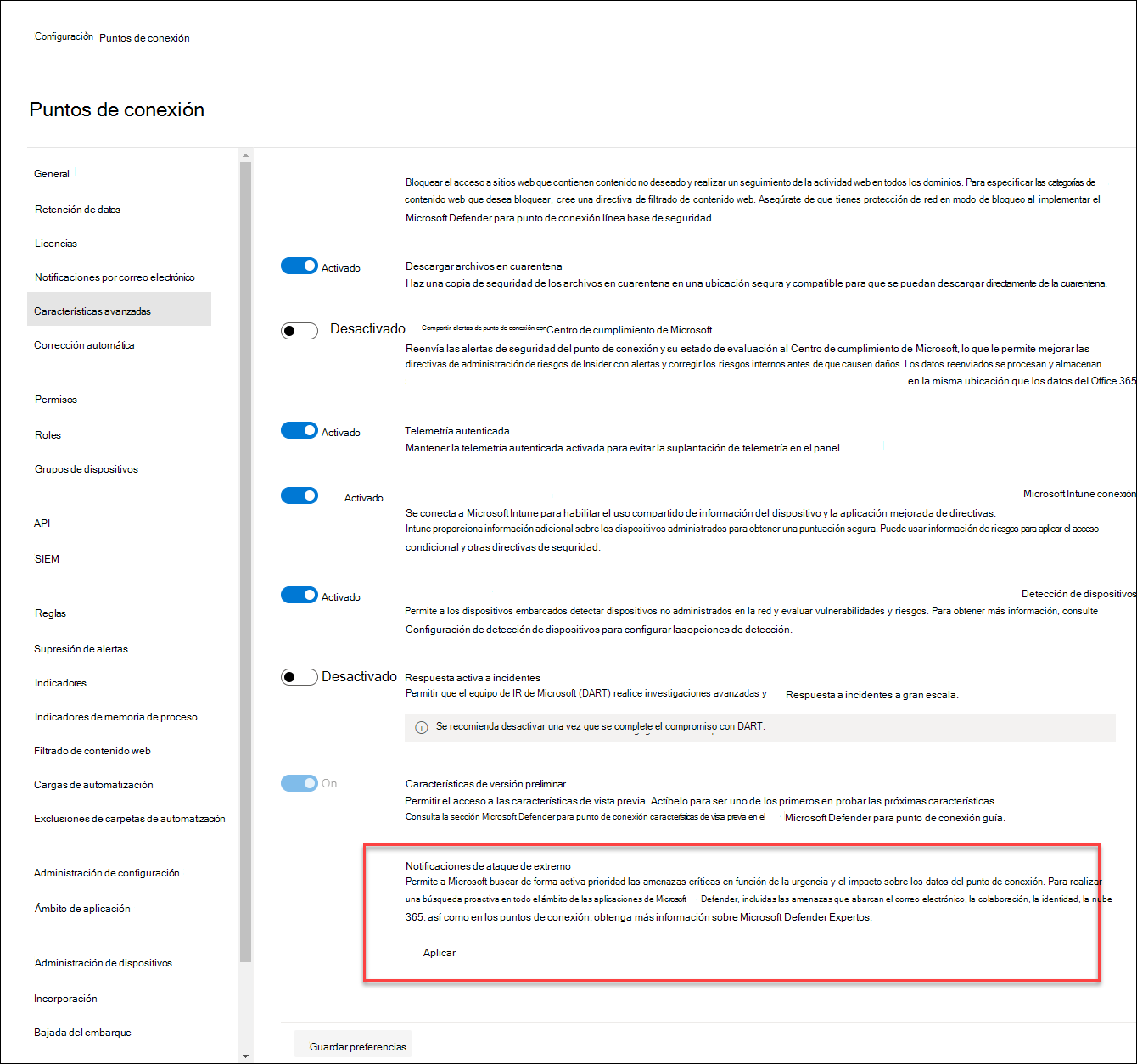 Habilitación de notificaciones de ataque de punto de conexión en el portal de 365 Defender
