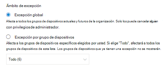 Mostrar la opción de excepción global.