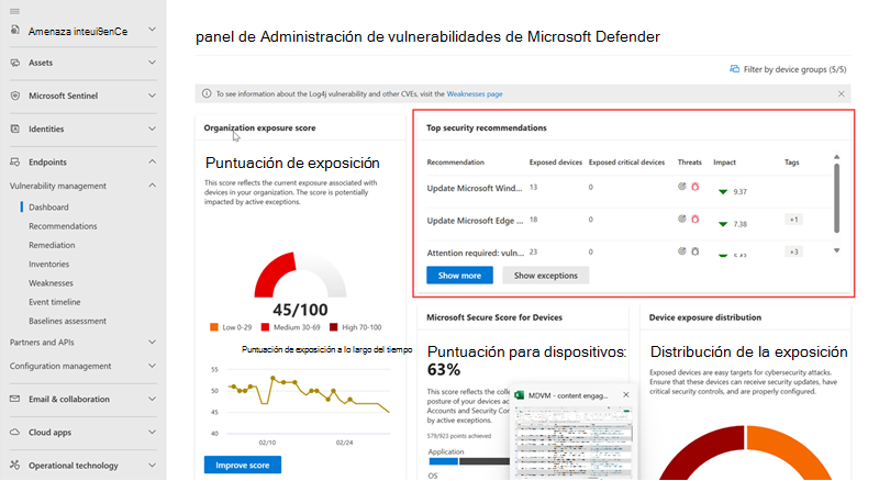 Captura de pantalla del panel de administración de vulnerabilidades con las recomendaciones de seguridad resaltadas.