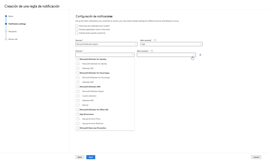 Captura de pantalla de la página Configuración de notificaciones para las notificaciones por correo electrónico de incidentes en el portal de Microsoft Defender.