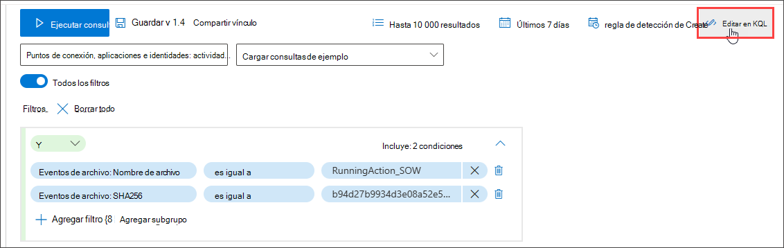 Captura de pantalla que resalta el botón Editar en KQL